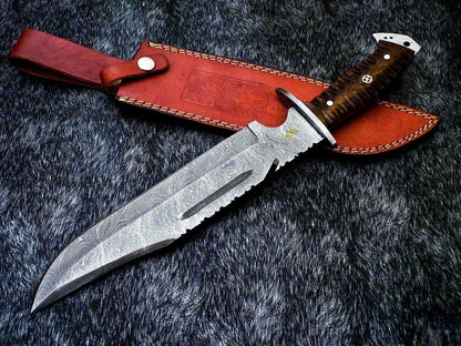15 Inch Handmade Damascus Steel Bowie Knife with Resin Handle and Mosaic Pin