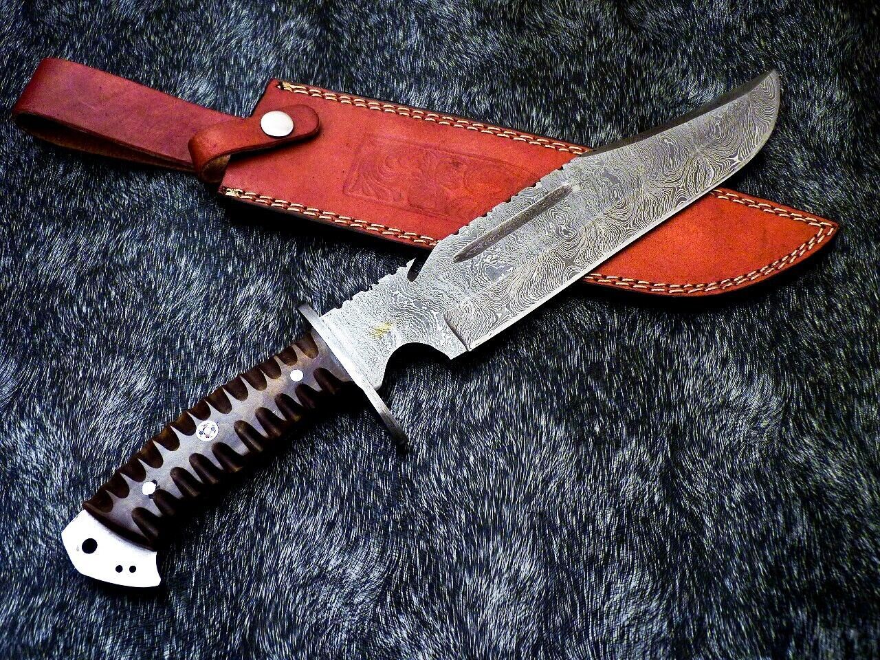 15 Inch Handmade Damascus Steel Bowie Knife with Resin Handle and Mosaic Pin