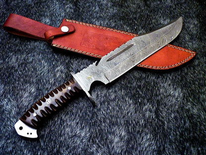 15 Inch Handmade Damascus Steel Bowie Knife with Resin Handle and Mosaic Pin