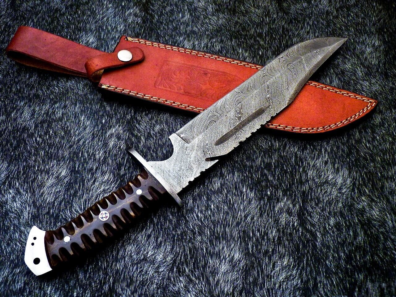 15 Inch Handmade Damascus Steel Bowie Knife with Resin Handle and Mosaic Pin