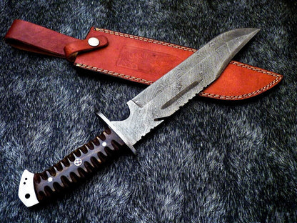 15 Inch Handmade Damascus Steel Bowie Knife with Resin Handle and Mosaic Pin