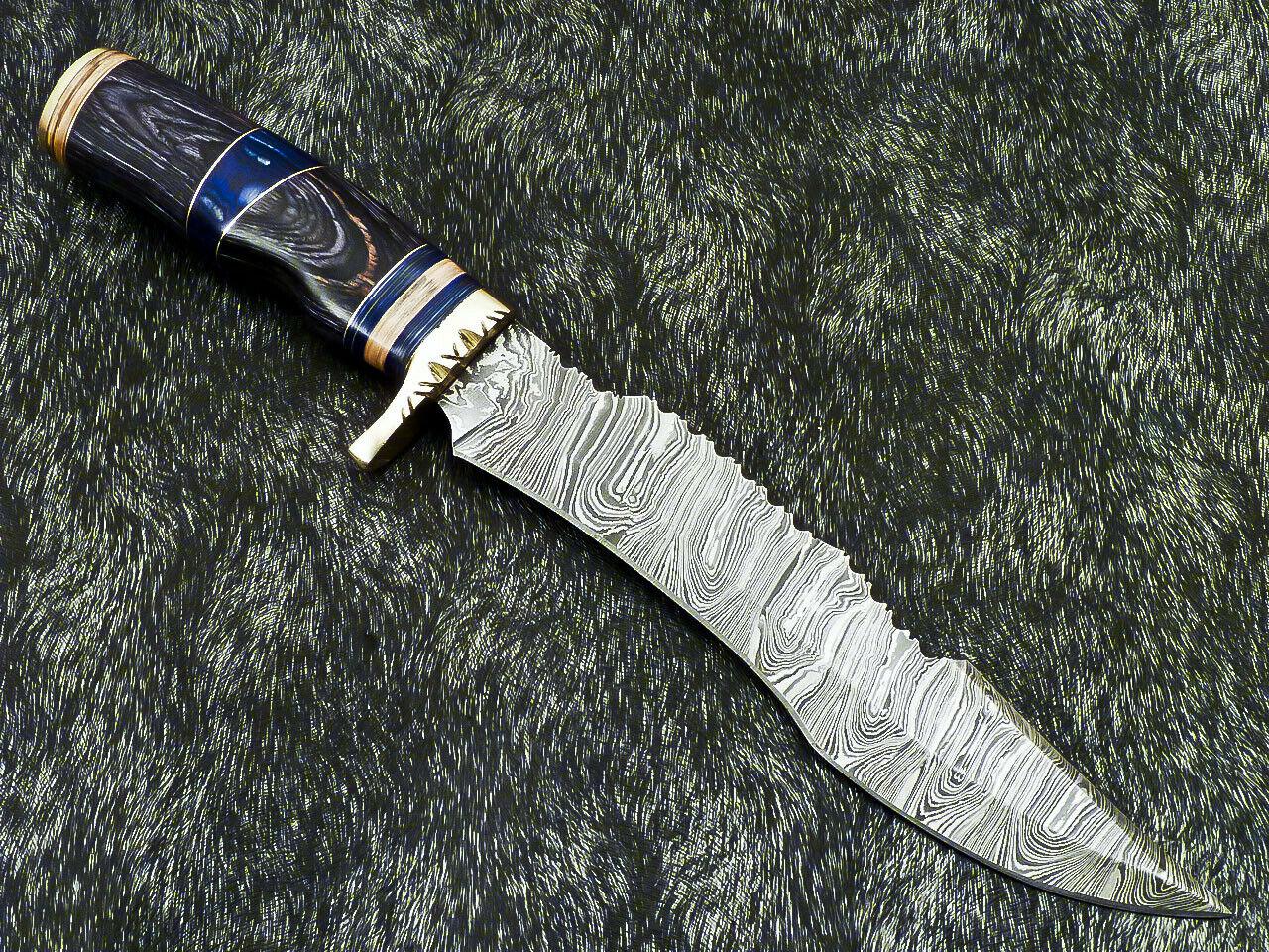 Authentic 14" Handmade Damascus Bowie Hunting Knife – Hardwood Handle with Leather Sheath