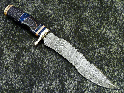 Authentic 14" Handmade Damascus Bowie Hunting Knife – Hardwood Handle with Leather Sheath