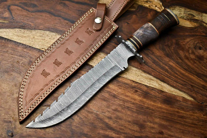 15" Handmade Damascus Steel Hunting Bowie Knife – Camel Bone Handle with Leather Sheath