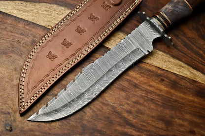 15" Handmade Damascus Steel Hunting Bowie Knife – Camel Bone Handle with Leather Sheath