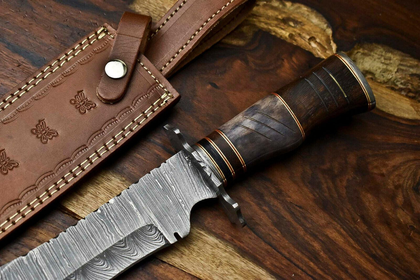 15" Handmade Damascus Steel Hunting Bowie Knife – Camel Bone Handle with Leather Sheath