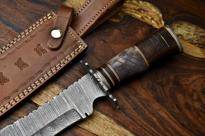 15" Handmade Damascus Steel Hunting Bowie Knife – Camel Bone Handle with Leather Sheath