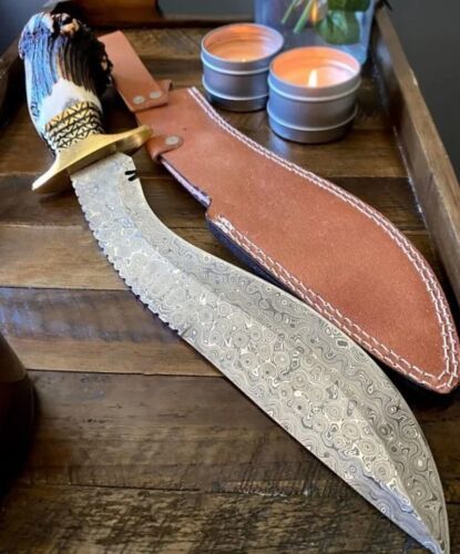 Heritage Forge Custom Handmade Damascus Steel Bowie Knife with Leather Sheath