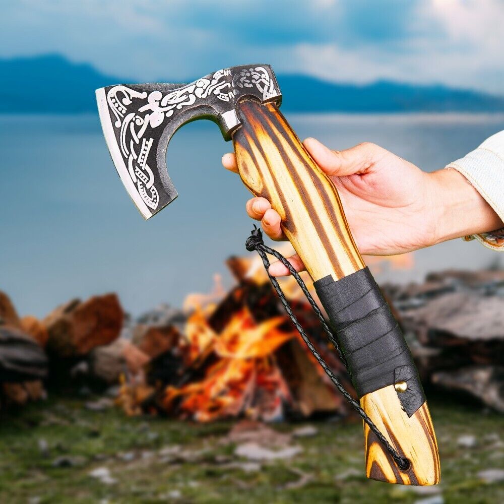 Hand Forged Ragnar Lothbrok Valhalla Viking Axe Carbon Steel Bearded Battle Hatchet with Leather Sheath