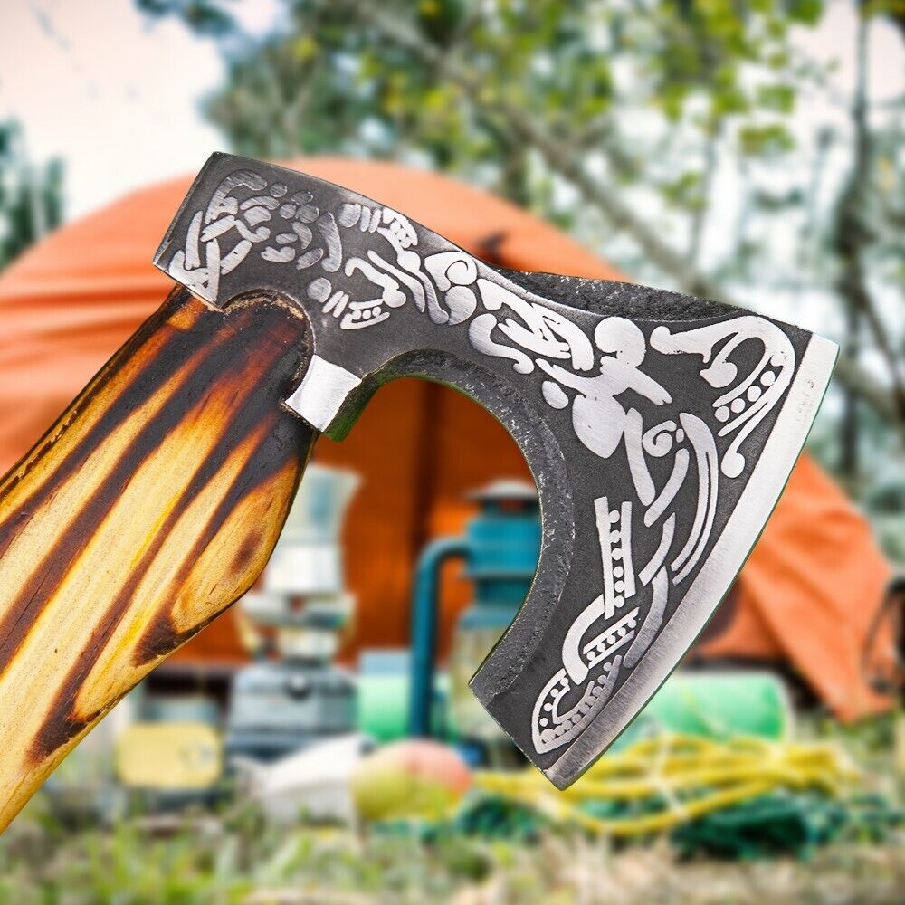 Hand Forged Ragnar Lothbrok Valhalla Viking Axe Carbon Steel Bearded Battle Hatchet with Leather Sheath