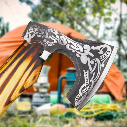Hand Forged Ragnar Lothbrok Valhalla Viking Axe Carbon Steel Bearded Battle Hatchet with Leather Sheath