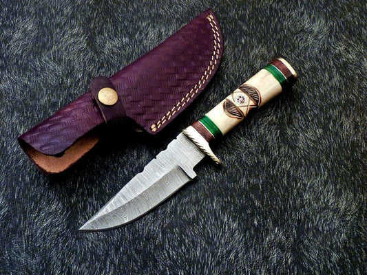 8" Handmade Damascus Steel Bowie Knife with Camel Bone & Hardwood Handle