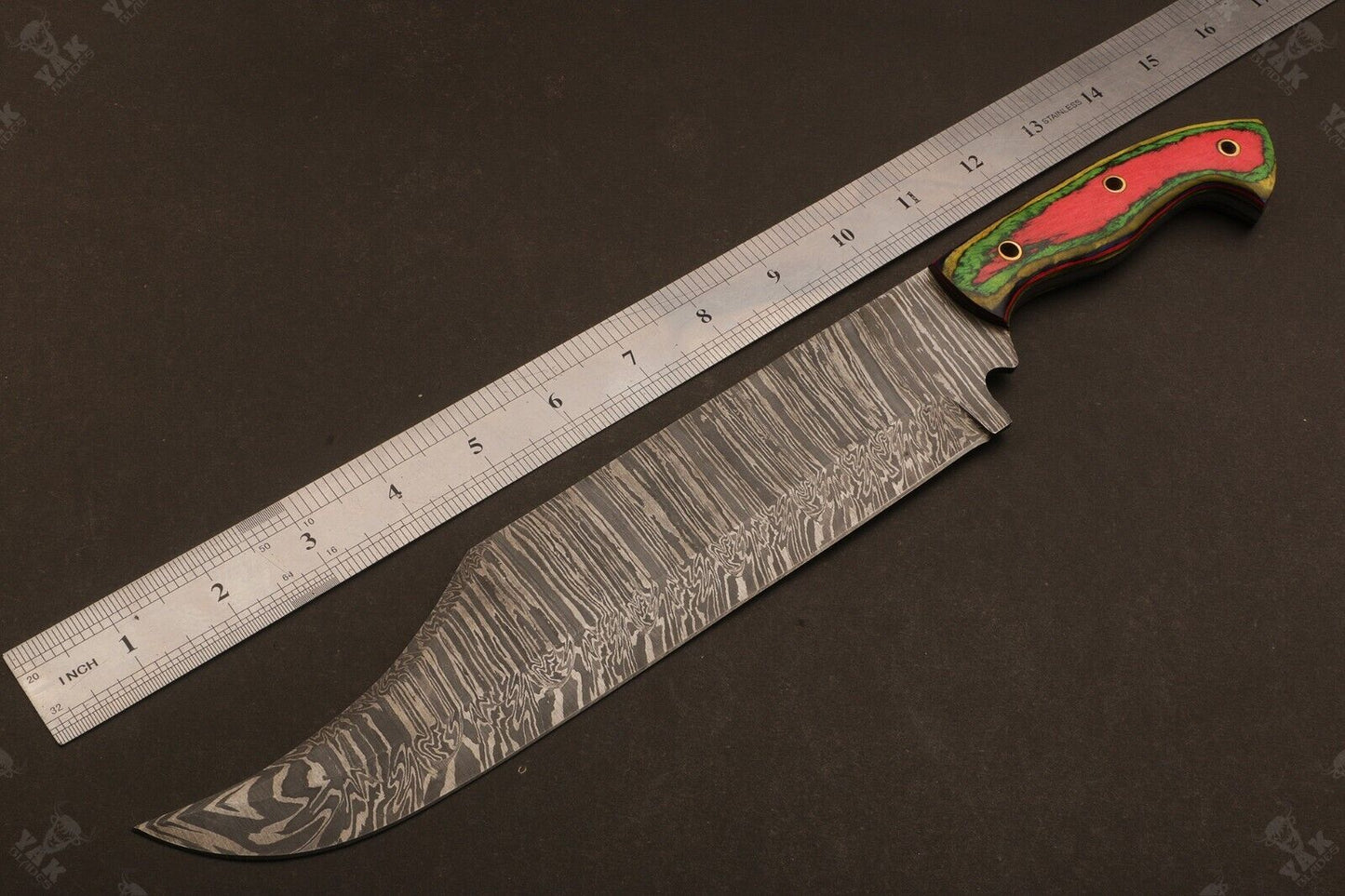 Heritage Forge 16 Inch Damascus Steel Bowie Knife with Wood Handle for Camping and Hunting