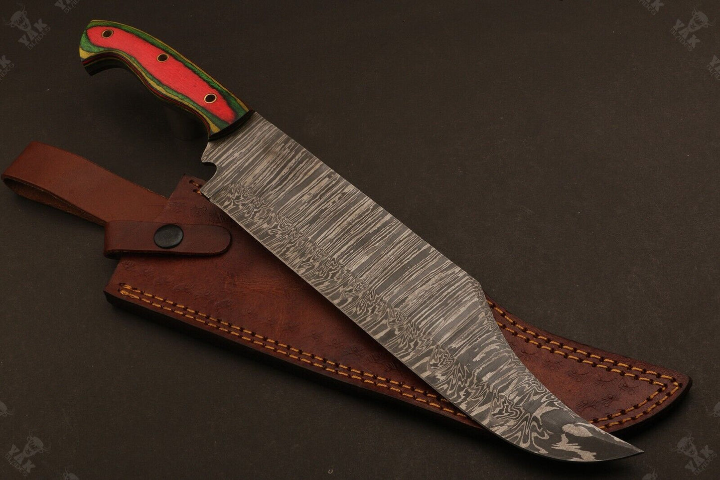 Heritage Forge 16 Inch Damascus Steel Bowie Knife with Wood Handle for Camping and Hunting