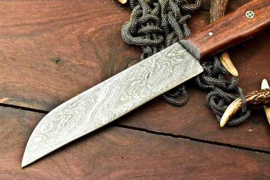 Gorgeous Custom Handmade Damascus Steel Chef Knife | Full Tang Walnut Wood Handle | 12.5" Kitchen & Camping Knife