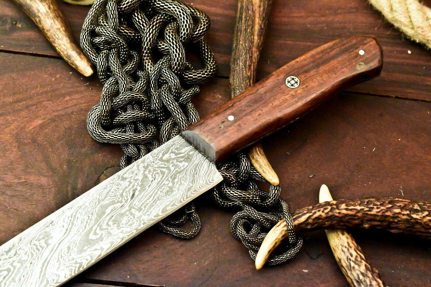 Gorgeous Custom Handmade Damascus Steel Chef Knife | Full Tang Walnut Wood Handle | 12.5" Kitchen & Camping Knife
