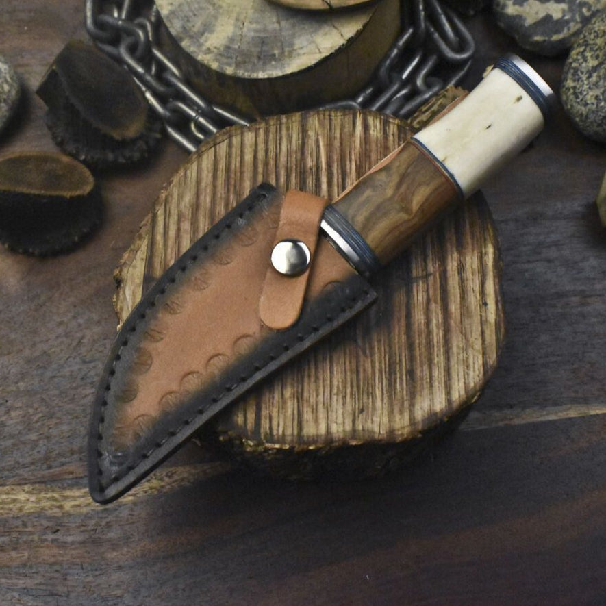 8" 440C Steel Skinner Knife with Bone and Wood Handle & Steel Guard Leather Sheath