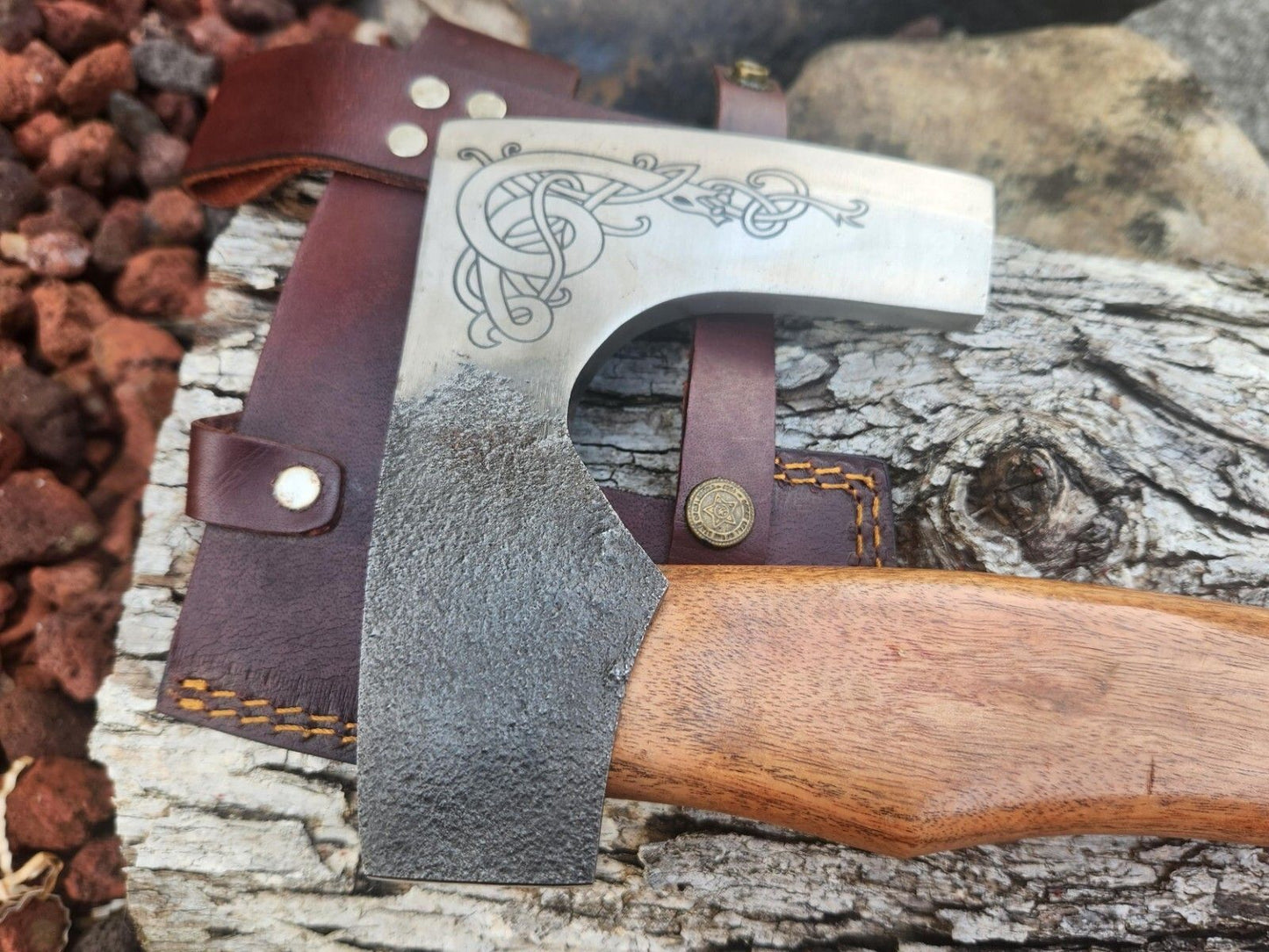Handmade Carbon Steel Viking Axe with Wooden Handle and Leather Sheath