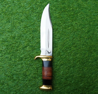 Screwhorn Handmade Damascus Bowie Knife – Full Tang Hunting & Camping Knife with Brass Handle and Sheath | Heritage Forge