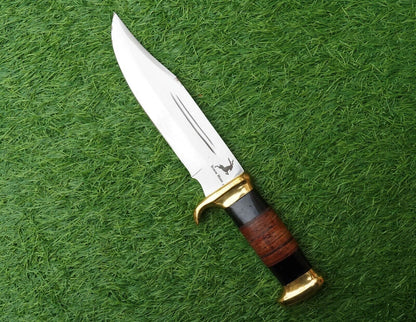 Screwhorn Handmade Damascus Bowie Knife – Full Tang Hunting & Camping Knife with Brass Handle and Sheath | Heritage Forge