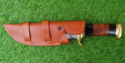 Screwhorn Handmade Damascus Bowie Knife – Full Tang Hunting & Camping Knife with Brass Handle and Sheath | Heritage Forge