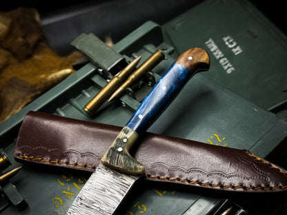 Handmade Damascus Steel Kitchen Chef Knife – Epoxy Resin Handle with Leather Sheath