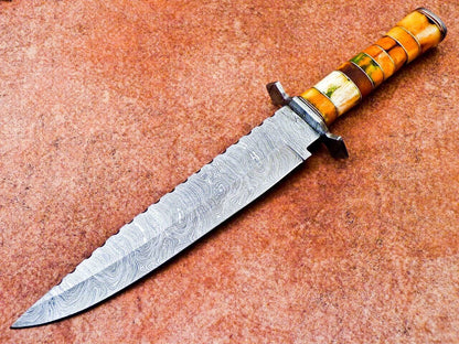 16" Handmade Damascus Steel Camping Bowie Knife – Stained Camel Bone Handle