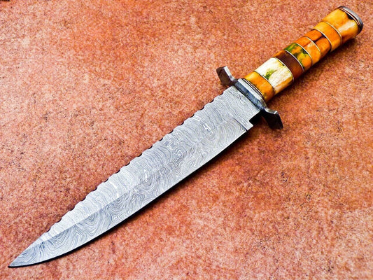 16" Handmade Damascus Steel Camping Bowie Knife – Stained Camel Bone Handle