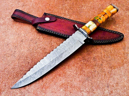 16" Handmade Damascus Steel Camping Bowie Knife – Stained Camel Bone Handle