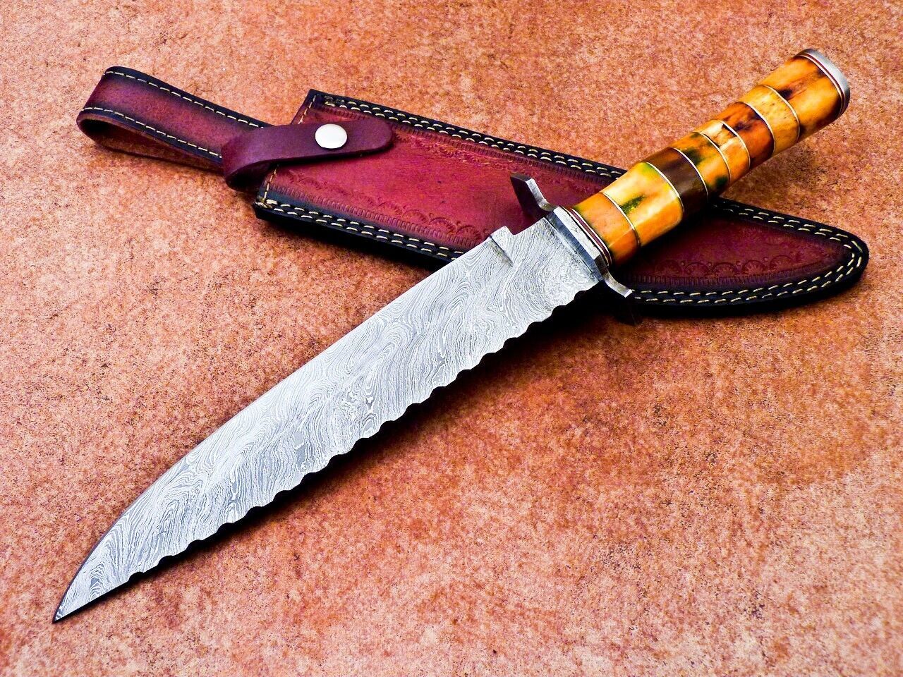 16" Handmade Damascus Steel Camping Bowie Knife – Stained Camel Bone Handle