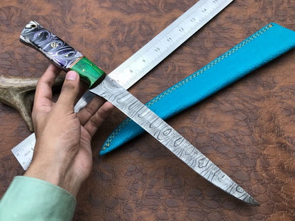 Hand Forged Damascus Fillet Knife 14" Fillet Knife with Sheath for Hunting