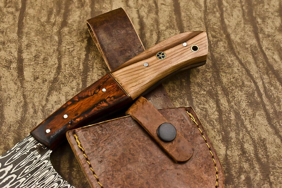 Handmade Damascus Steel Hunting Axe Knife Olive Wood Handle Clever Chopper with Leather Sheath