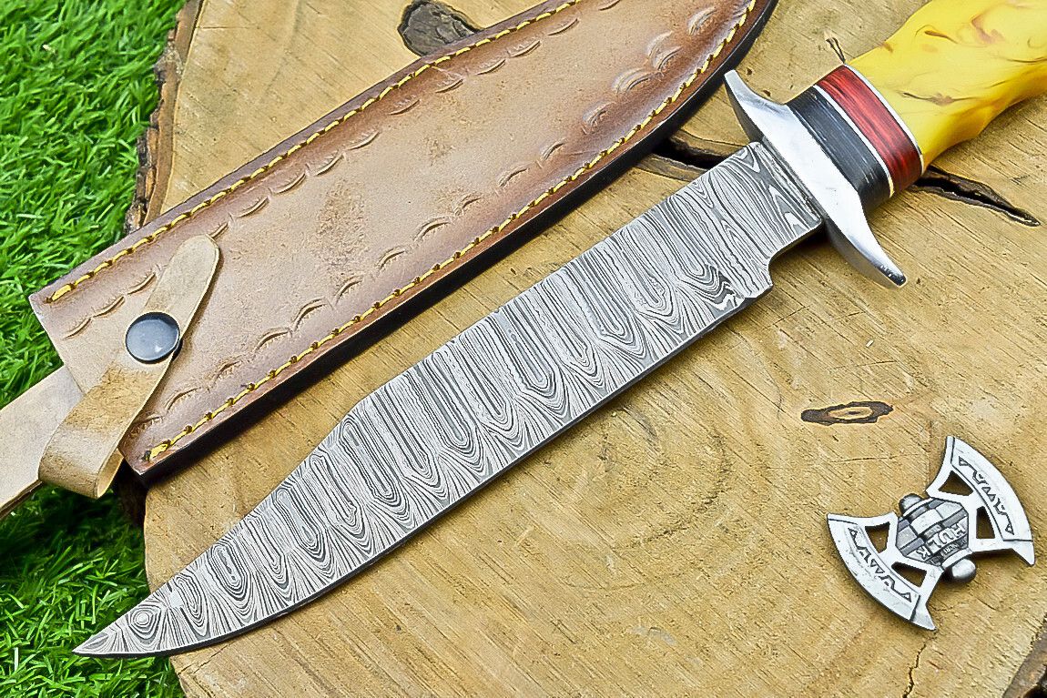 14 Inch Handmade Damascus Bowie Knife with Resin Handle for Outdoor Hunting