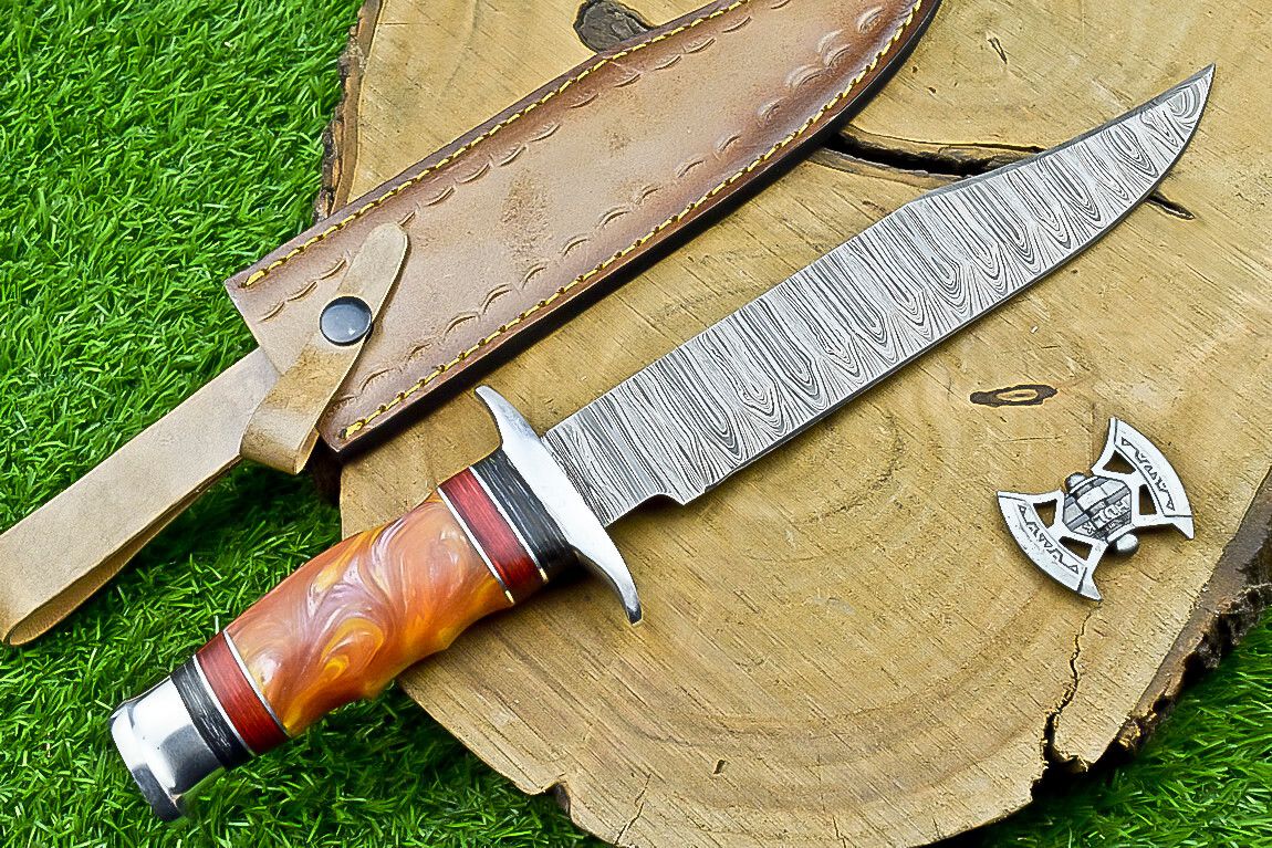 14 Inch Handmade Damascus Bowie Knife with Resin Handle for Outdoor Hunting