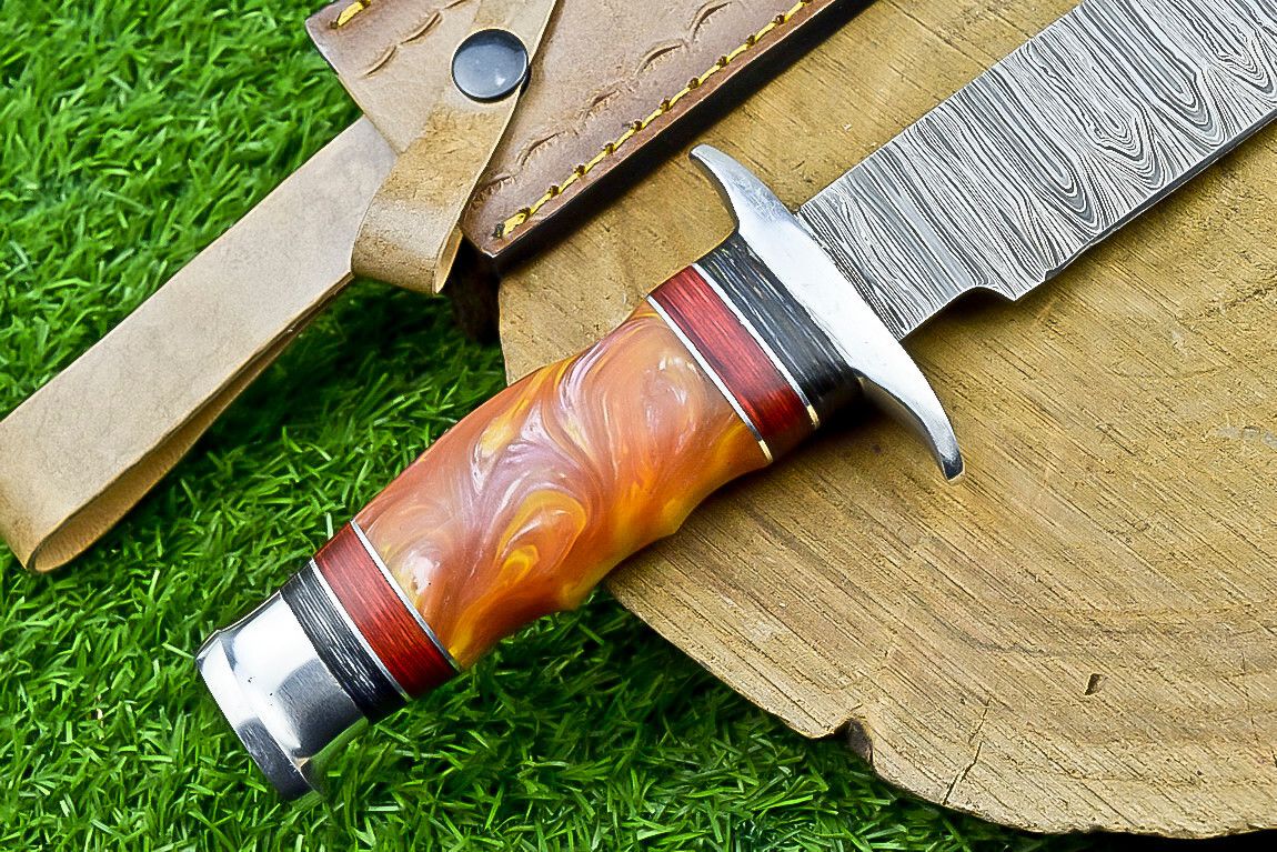 14 Inch Handmade Damascus Bowie Knife with Resin Handle for Outdoor Hunting