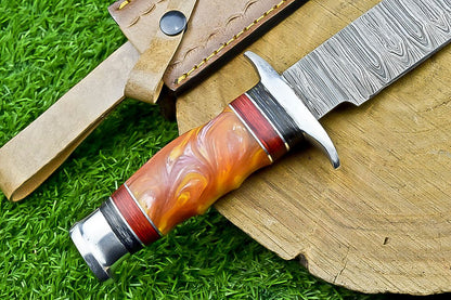 14 Inch Handmade Damascus Bowie Knife with Resin Handle for Outdoor Hunting