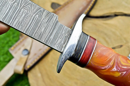 14 Inch Handmade Damascus Bowie Knife with Resin Handle for Outdoor Hunting