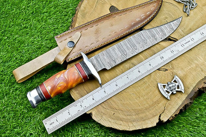 14 Inch Handmade Damascus Bowie Knife with Resin Handle for Outdoor Hunting