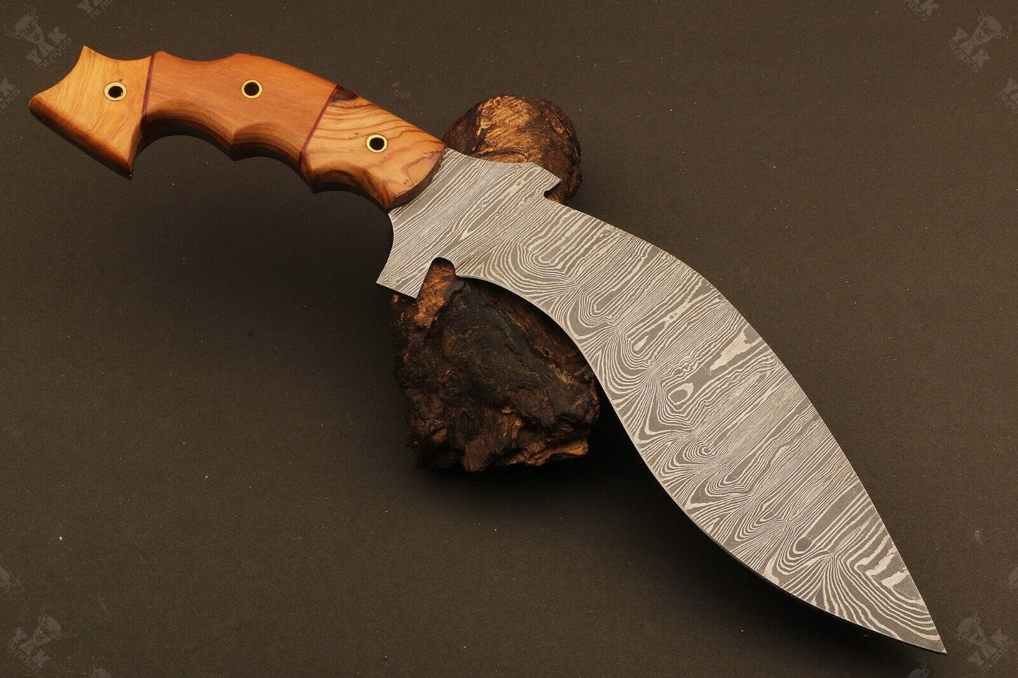 14" Handmade Ladder Damascus Steel Kukri Bowie Knife – Wood Handle with Sheath