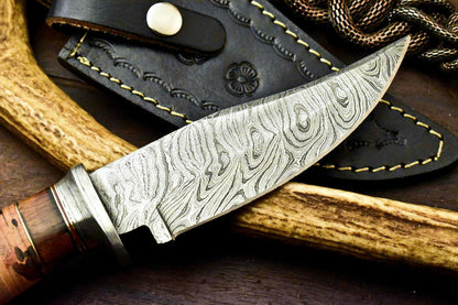 10" Damascus Hunting Bowie Knife – Stacked Leather Handle with Leather Sheath