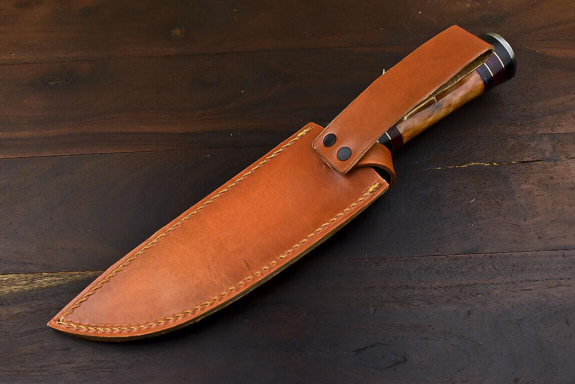 12" Damascus Bowie Knife – Camel Bone Handle with Leather Sheath