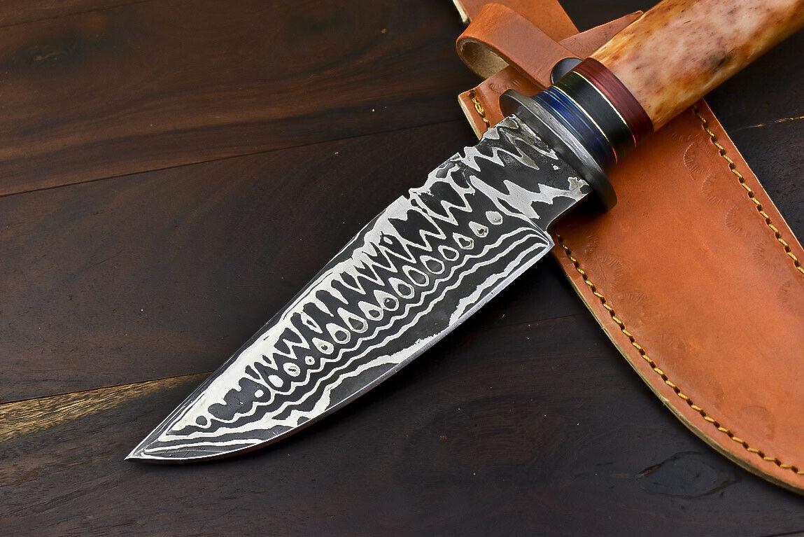 12" Damascus Bowie Knife – Camel Bone Handle with Leather Sheath