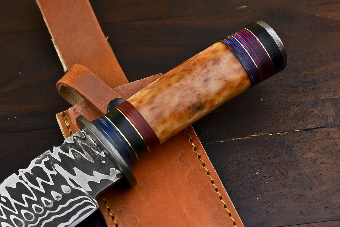 12" Damascus Bowie Knife – Camel Bone Handle with Leather Sheath