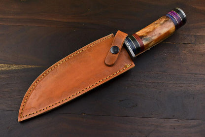 12" Damascus Bowie Knife – Camel Bone Handle with Leather Sheath