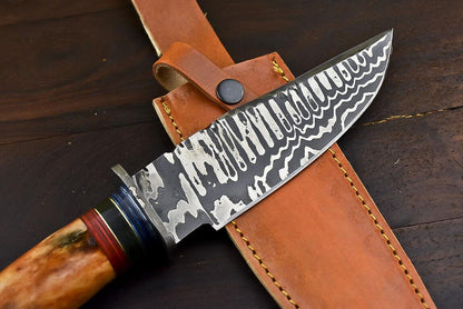 12" Damascus Bowie Knife – Camel Bone Handle with Leather Sheath