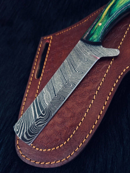 Heritage Forge 9 Inch Damascus Cowboy Skinner Hunting Knife with Camel Bone and Wood Handle