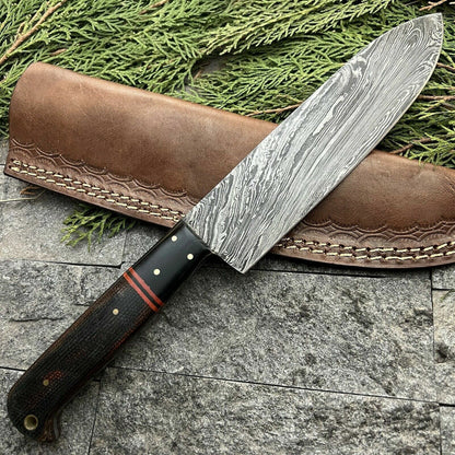 11" Handmade Damascus Steel Hunting and Kitchen Chef Knife with Leather Sheath – Hand-Forged, Sharp Blade