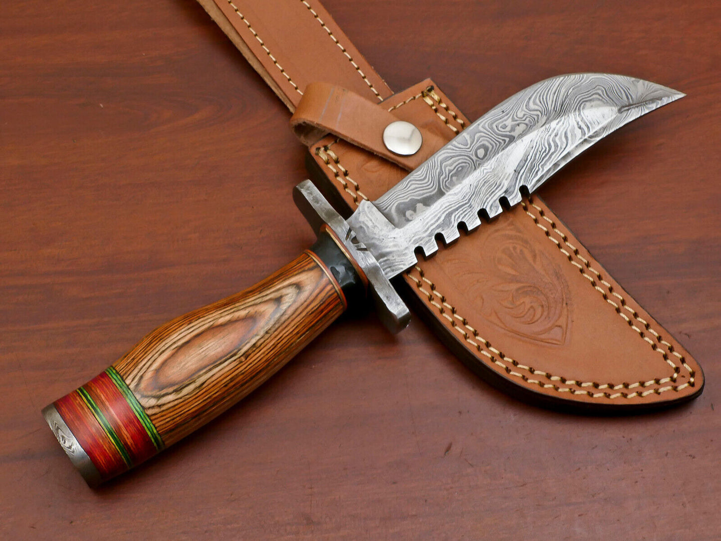 10.5" Damascus Steel Bowie Knife with Pakka Wood Handle – Handmade Full Tang Blade