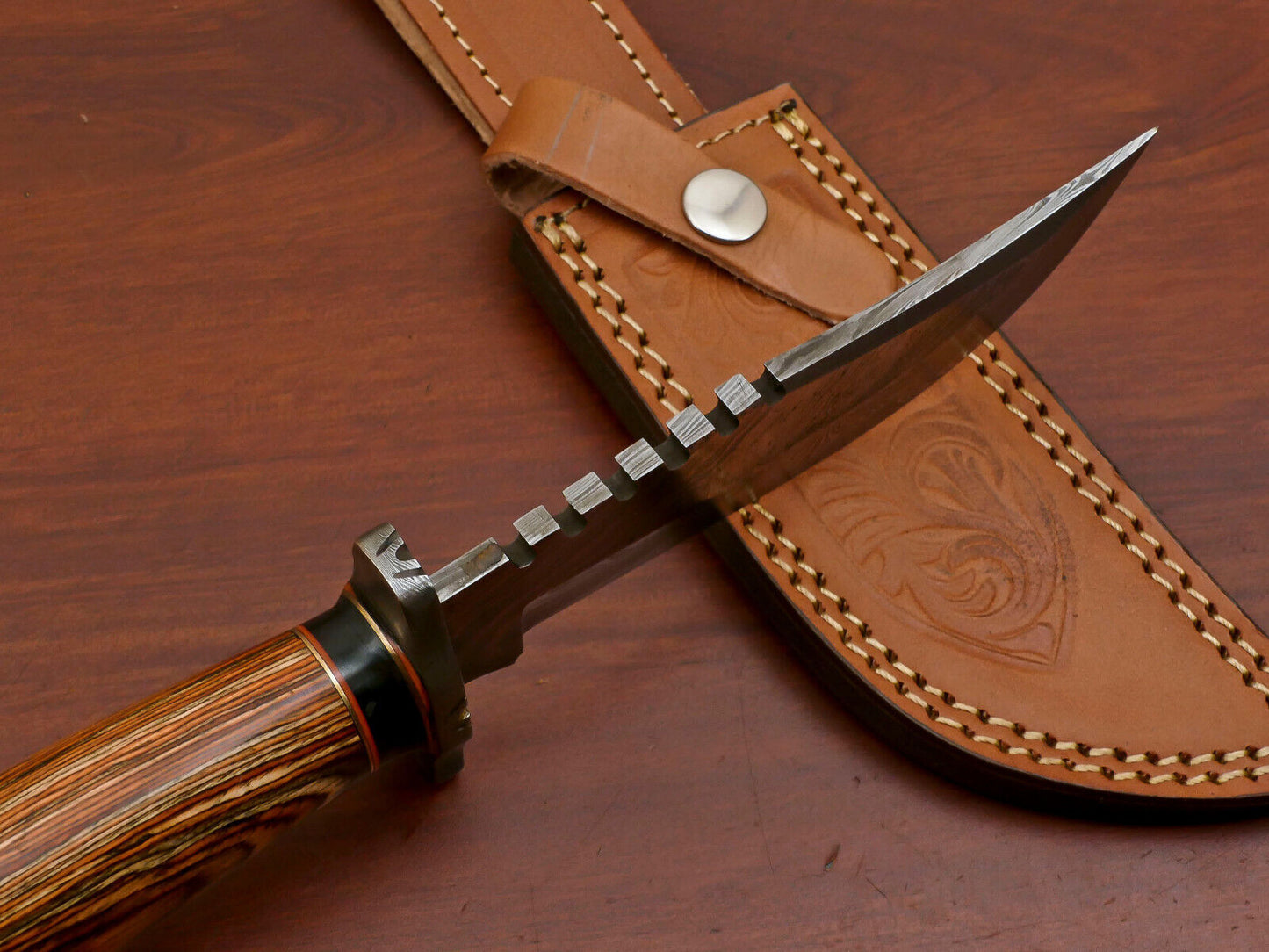 10.5" Damascus Steel Bowie Knife with Pakka Wood Handle – Handmade Full Tang Blade