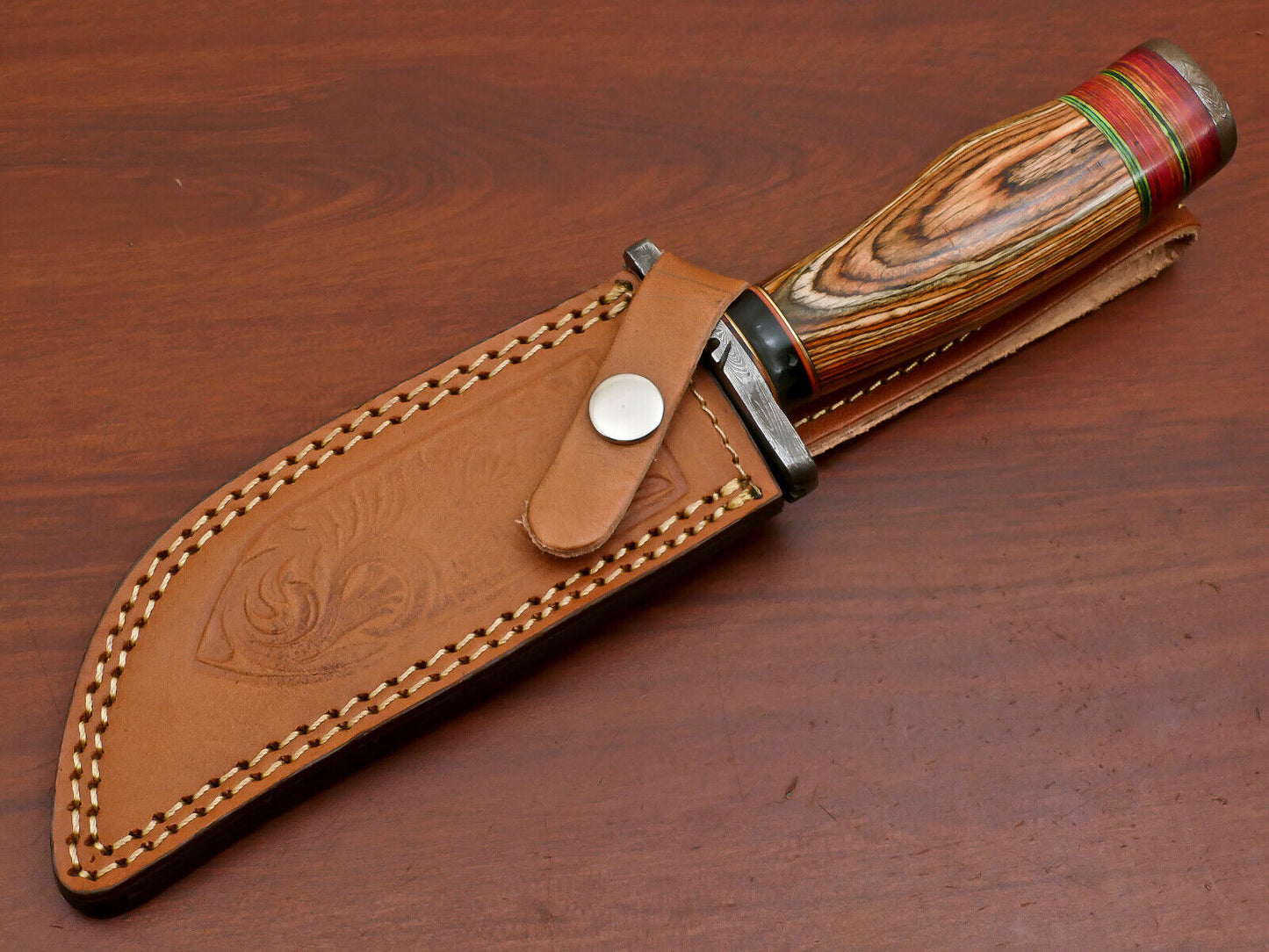 10.5" Damascus Steel Bowie Knife with Pakka Wood Handle – Handmade Full Tang Blade